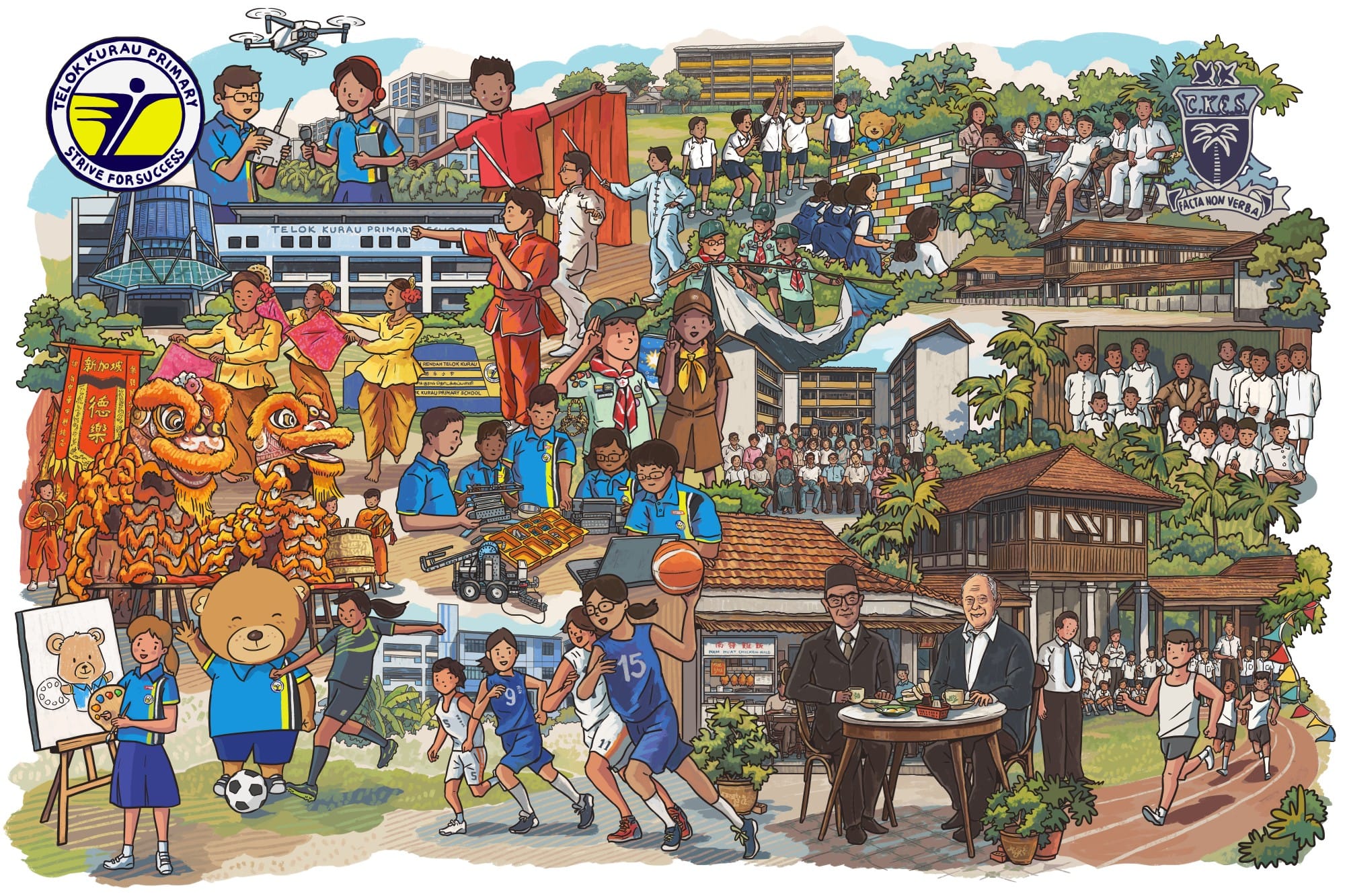 Colorful illustrated mural celebrating Telok Kurau Primary School with students doing sports, arts, scouts, lion dance, and cultural activities.
